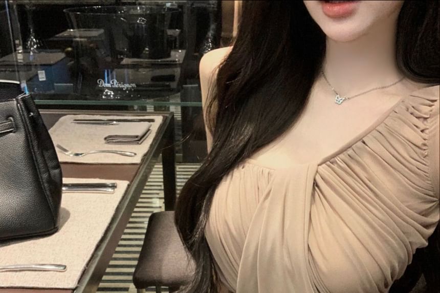 Long-Sleeve Asymmetrical Neck Off-Shoulder Plain Ruched Blouse