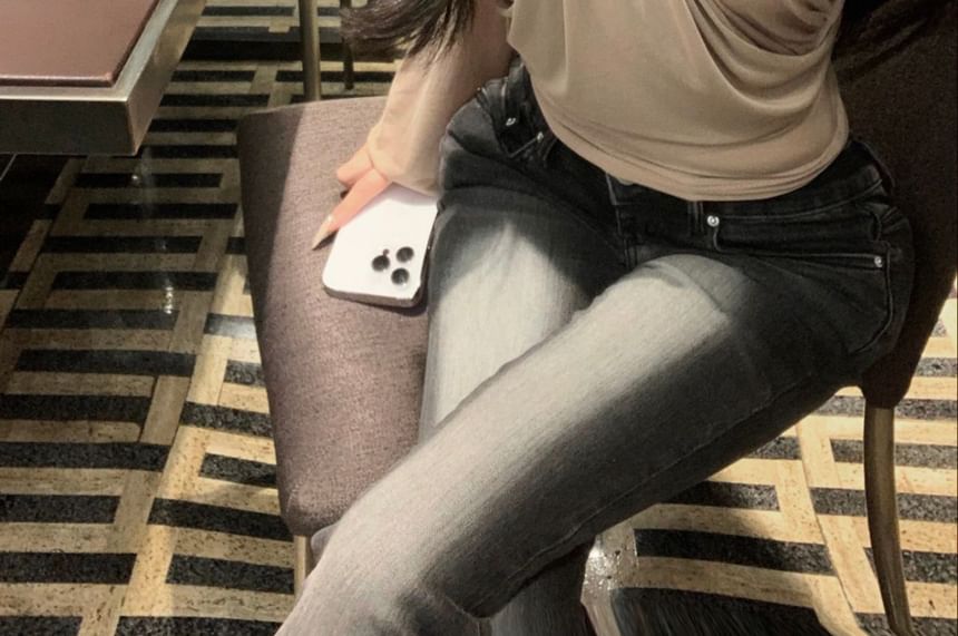 Long-Sleeve Asymmetrical Neck Off-Shoulder Plain Ruched Blouse