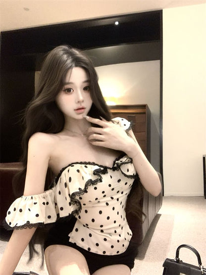 Cap-Sleeve Dotted Ruffle Lace Trim Maxi Sheath Dress / Slim Fit Tank Top