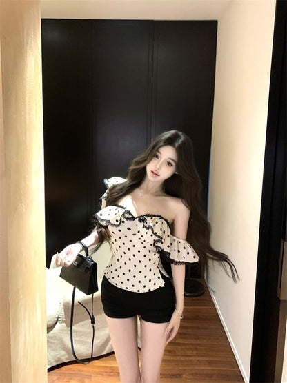 Cap-Sleeve Dotted Ruffle Lace Trim Maxi Sheath Dress / Slim Fit Tank Top