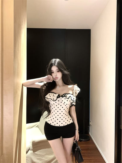 Cap-Sleeve Dotted Ruffle Lace Trim Maxi Sheath Dress / Slim Fit Tank Top