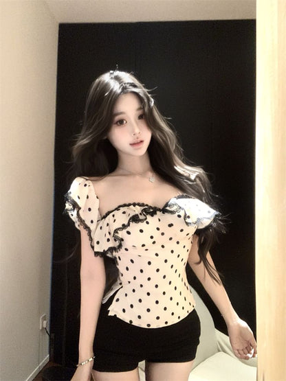 Cap-Sleeve Dotted Ruffle Lace Trim Maxi Sheath Dress / Slim Fit Tank Top