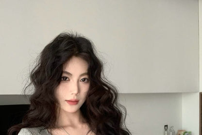 Long-Sleeve Scoop Neck Lace Trim Crop Button Slim Fit Top