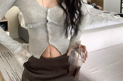 Long-Sleeve Scoop Neck Lace Trim Crop Button Slim Fit Top