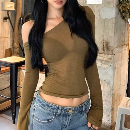 Long-Sleeve Asymmetrical Neck One-Shoulder Plain Crop Slim Fit T-Shirt