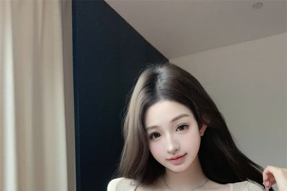 Set: Long-Sleeve Henley Plain Crop Slim Fit T-Shirt + Lace Camisole Top