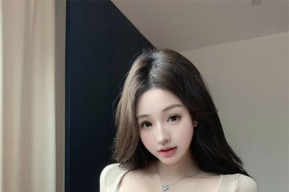 Set: Long-Sleeve Henley Plain Crop Slim Fit T-Shirt + Lace Camisole Top