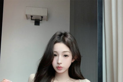 Set: Long-Sleeve Henley Plain Crop Slim Fit T-Shirt + Lace Camisole Top