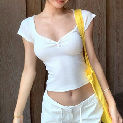 Short-Sleeve Plain Ruched Crop Slim Fit T-Shirt