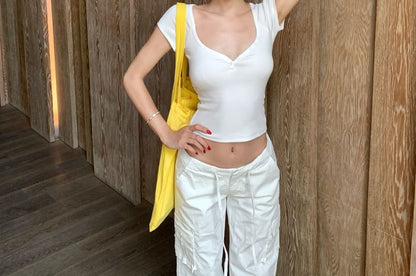 Short-Sleeve Plain Ruched Crop Slim Fit T-Shirt