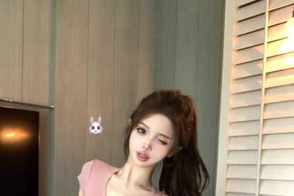 Crop Plain T-Shirt Fit Short-Sleeve V-Neck Slim