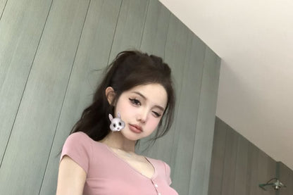 Crop Plain T-Shirt Fit Short-Sleeve V-Neck Slim