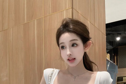 Striped Loose Pants Drawstring Crop Plain Tee / Off-Shoulder Short-Sleeve Waist Trim Fit