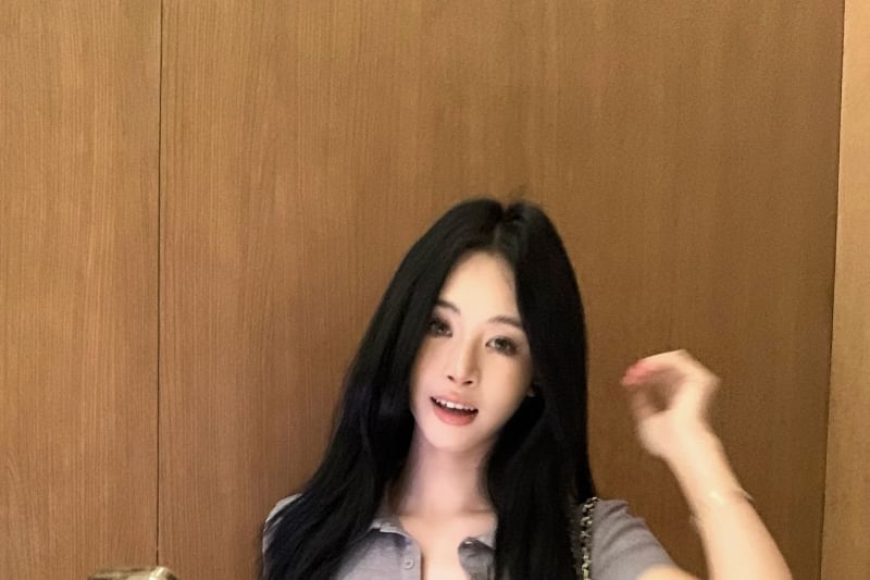 Short-Sleeve Collared Half-Buttoned Plain Slim Fit Tee / High Waist Hot Pants