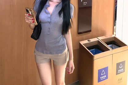 Short-Sleeve Collared Half-Buttoned Plain Slim Fit Tee / High Waist Hot Pants