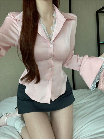 Long-Sleeve Collared Lace Trim Button-Up Blouse / High Rise Plain Mini Pencil Skirt
