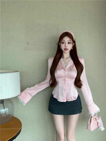 Long-Sleeve Collared Lace Trim Button-Up Blouse / High Rise Plain Mini Pencil Skirt