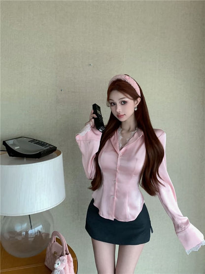 Long-Sleeve Collared Lace Trim Button-Up Blouse / High Rise Plain Mini Pencil Skirt