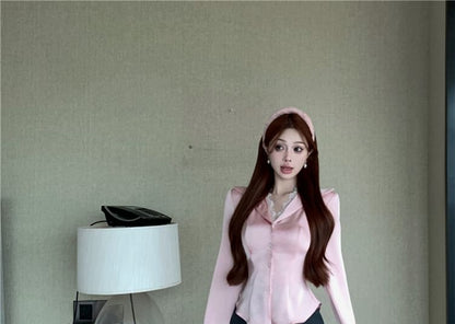 Long-Sleeve Collared Lace Trim Button-Up Blouse / High Rise Plain Mini Pencil Skirt