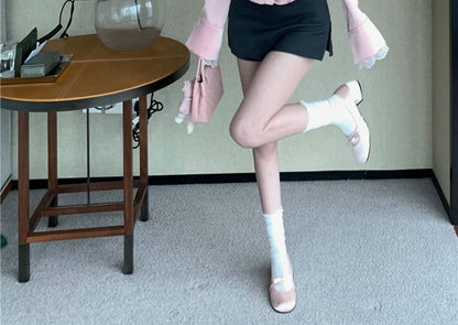 Long-Sleeve Collared Lace Trim Button-Up Blouse / High Rise Plain Mini Pencil Skirt