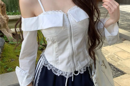 Long-Sleeve Cold Shoulder Lace Trim Zip-Up Crop Blouse / Drawstring Waist Striped Trim Loose Fit Pants