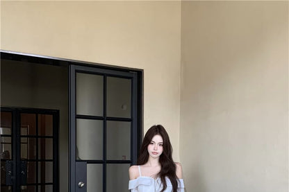 Long-Sleeve Cold Shoulder Lace Trim Zip-Up Crop Blouse / Drawstring Waist Striped Trim Loose Fit Pants