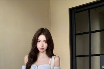 Long-Sleeve Cold Shoulder Lace Trim Zip-Up Crop Blouse / Drawstring Waist Striped Trim Loose Fit Pants