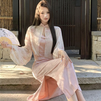 Slit / Print Spaghetti Sheath Strap V-Neck Light Collar Closure Maxi Mandarin Frog Dress Floral Jacket Jacquard