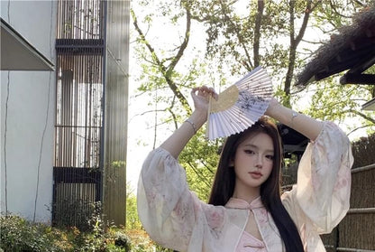 Slit / Print Spaghetti Sheath Strap V-Neck Light Collar Closure Maxi Mandarin Frog Dress Floral Jacket Jacquard