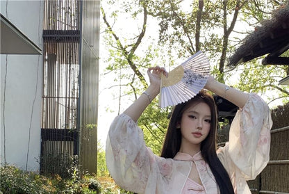 Slit / Print Spaghetti Sheath Strap V-Neck Light Collar Closure Maxi Mandarin Frog Dress Floral Jacket Jacquard