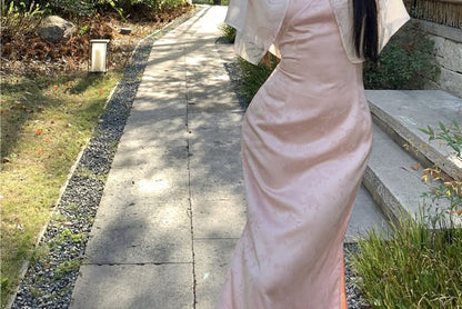 Slit / Print Spaghetti Sheath Strap V-Neck Light Collar Closure Maxi Mandarin Frog Dress Floral Jacket Jacquard