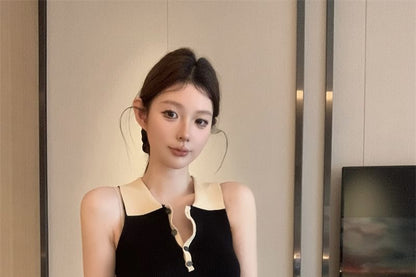 Mini Ribbed Knit Sleeveless Tone Sheath Two Dress Polo