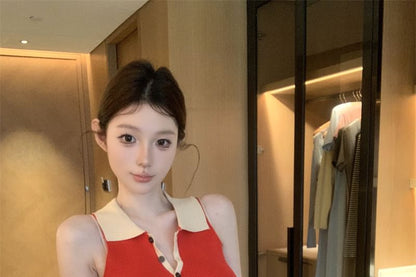 Mini Ribbed Knit Sleeveless Tone Sheath Two Dress Polo