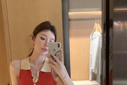 Mini Ribbed Knit Sleeveless Tone Sheath Two Dress Polo