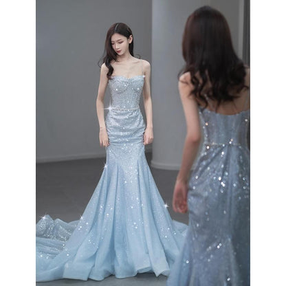 Strap Spaghetti Back Evening Sequin Trained Gown Mermaid Open