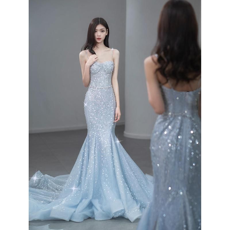 Strap Spaghetti Back Evening Sequin Trained Gown Mermaid Open
