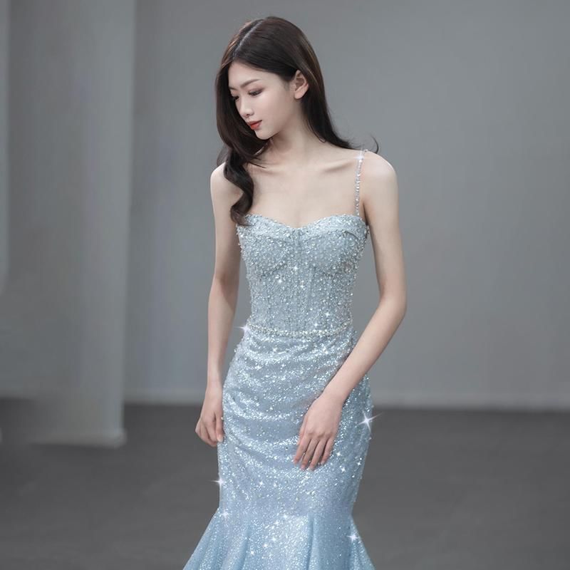 Spaghetti Strap Sequin Trained Open Back Mermaid Evening Gown