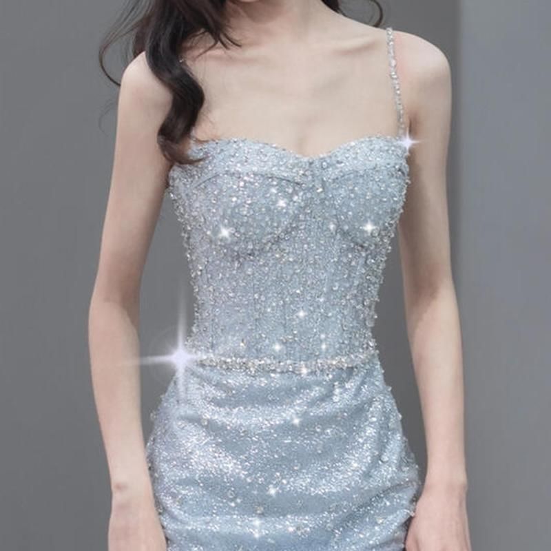 Strap Spaghetti Back Evening Sequin Trained Gown Mermaid Open