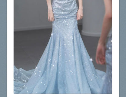 Strap Spaghetti Back Evening Sequin Trained Gown Mermaid Open