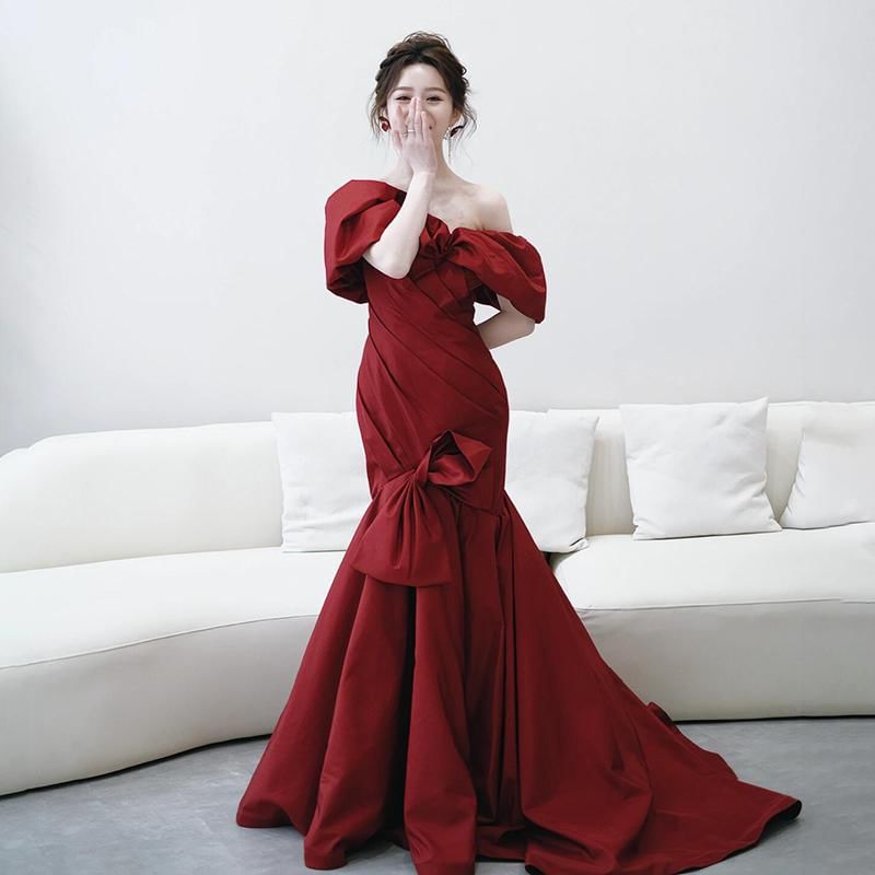 Evening Puff-Sleeve Accent Ruched Trained Off-Shoulder Plain Bow Gown Trumpet