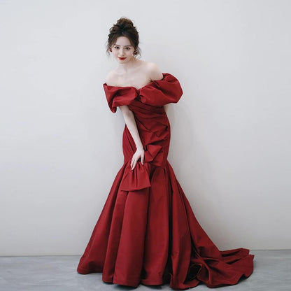 Evening Puff-Sleeve Accent Ruched Trained Off-Shoulder Plain Bow Gown Trumpet