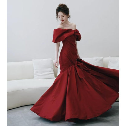 Puff-Sleeve Off-Shoulder Plain Bow Accent Ruched Trained Trumpet Evening Gown