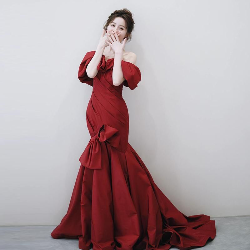 Evening Puff-Sleeve Accent Ruched Trained Off-Shoulder Plain Bow Gown Trumpet