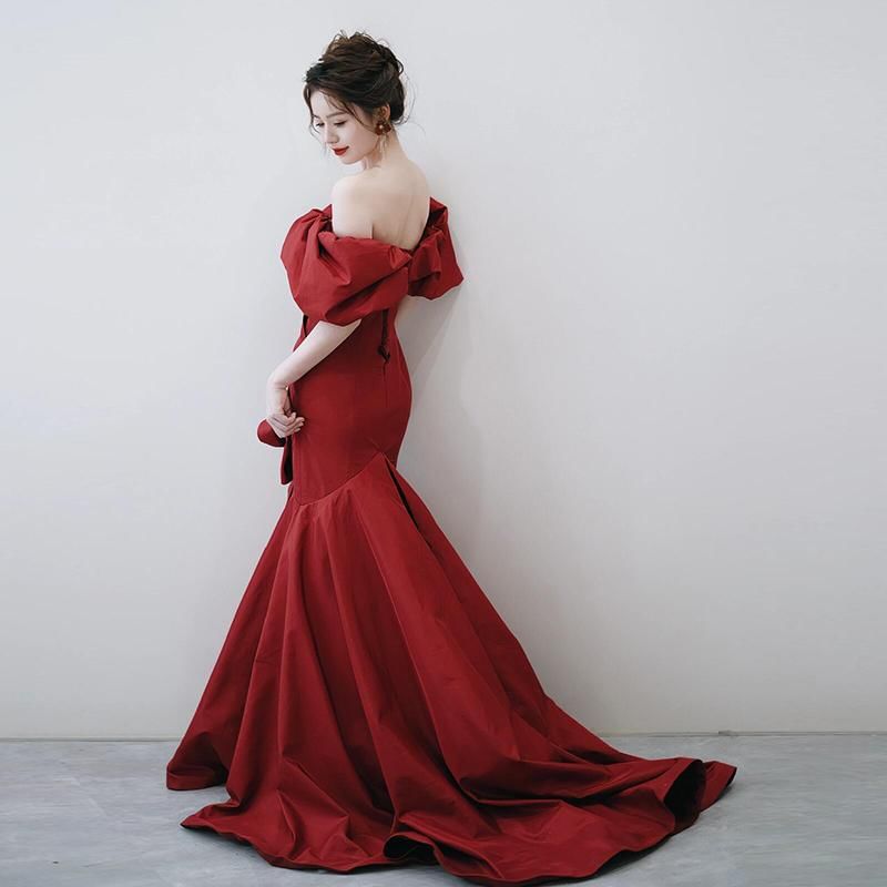 Evening Puff-Sleeve Accent Ruched Trained Off-Shoulder Plain Bow Gown Trumpet
