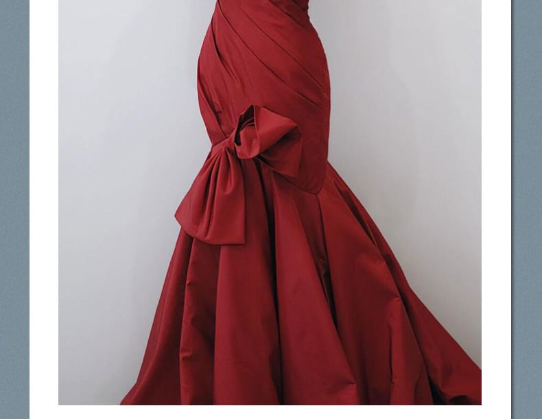 Puff-Sleeve Off-Shoulder Plain Bow Accent Ruched Trained Trumpet Evening Gown