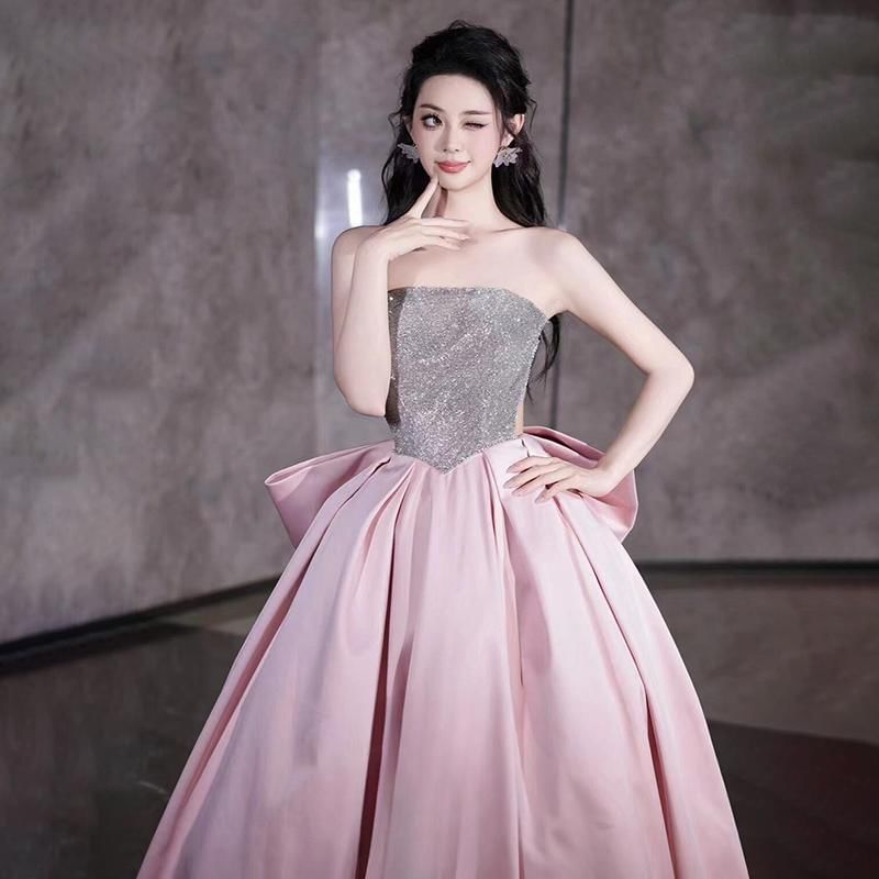 Strapless Sequin Bow Panel Back Gown Ball