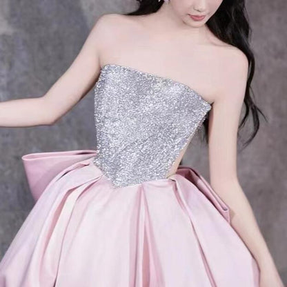 Strapless Sequin Bow Panel Back Gown Ball