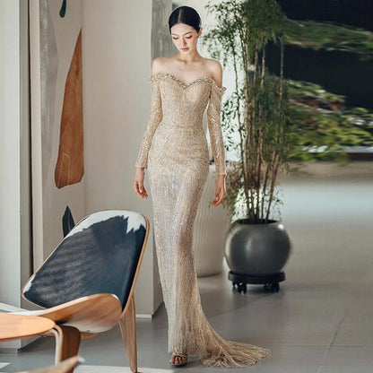 Long-Sleeve Gown Evening Mermaid Sequin Off-Shoulder