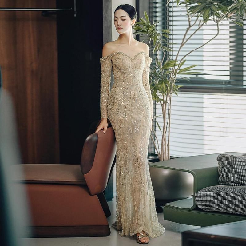 Long-Sleeve Gown Evening Mermaid Sequin Off-Shoulder