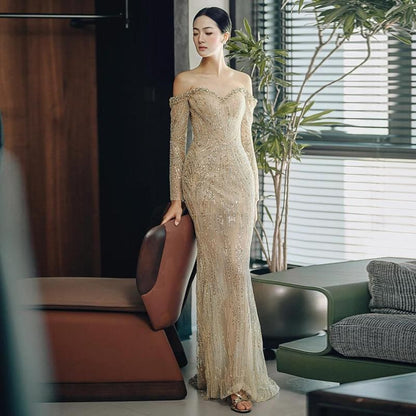 Long-Sleeve Off-Shoulder Sequin Mermaid Evening Gown